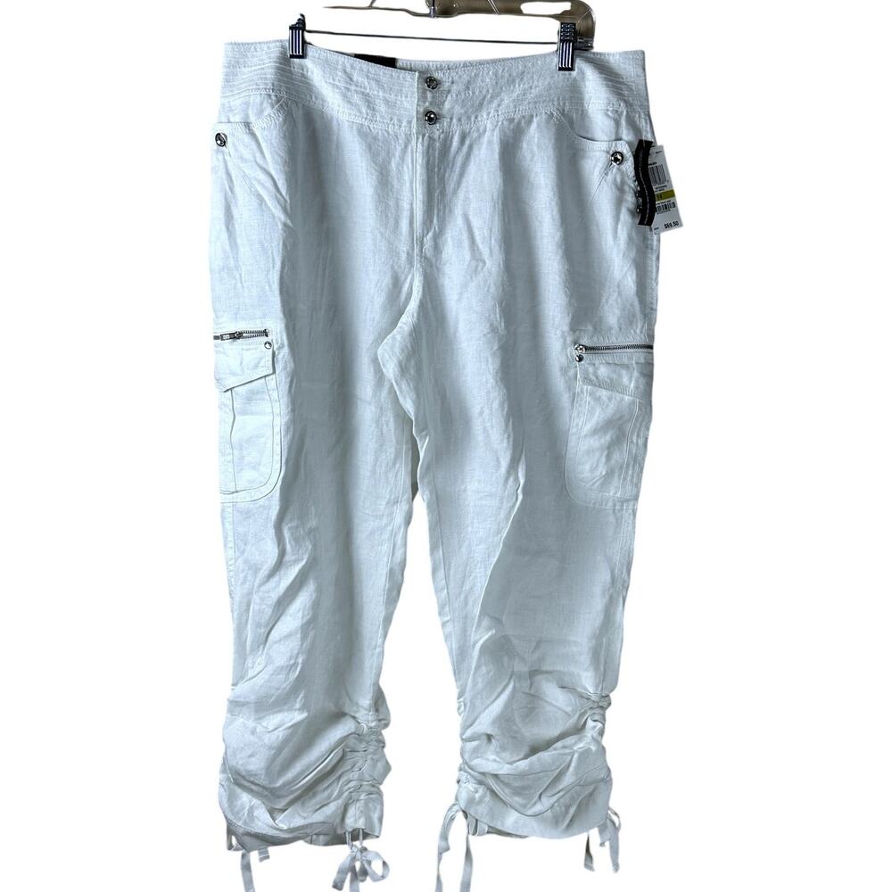 INC International Concepts NWT 100% Linen White Ruched Cargo Pants Women Size 14